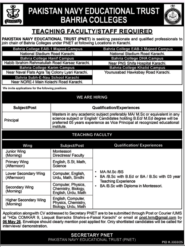 Pakistan Navy Educational Trust Karachi Jobs 2026