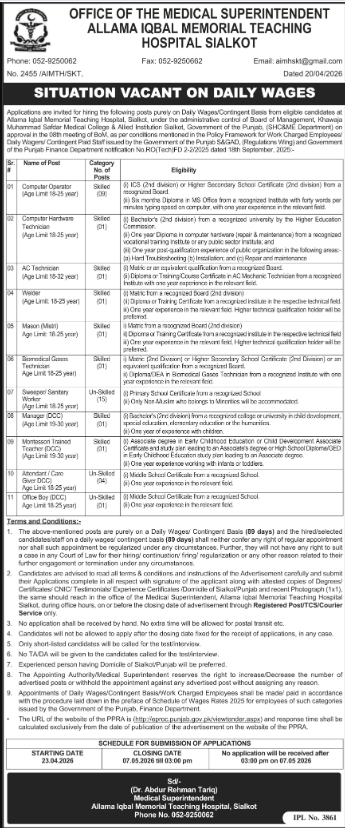 Allama Iqbal Memorial Teaching Hospital AIMH Sialkot Jobs 2026