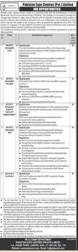Pakistan Expo Centres Pvt Ltd Lahore Jobs 2026