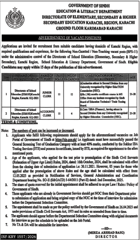 Education And Literacy Department Karachi Jobs 2026