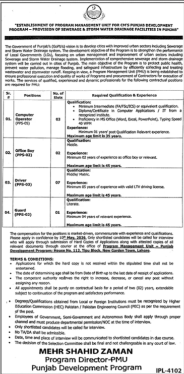 Program Management Unit Lahore Jobs 2026