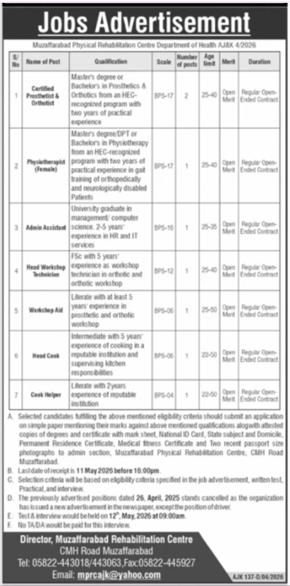 Muzaffarabad Physical Rehabilitation Center MPRC Jobs 2026