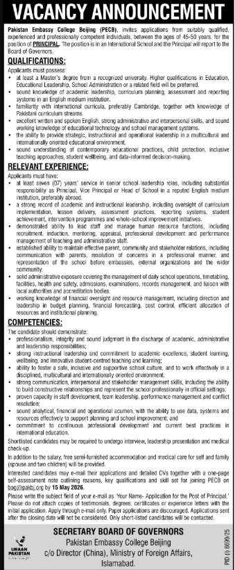 Pakistan Embassy College Beijing PECB Jobs 2026