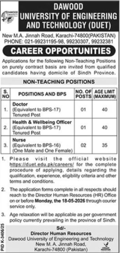 Dawood University Of Engineering And Technology Karachi Jobs 2026