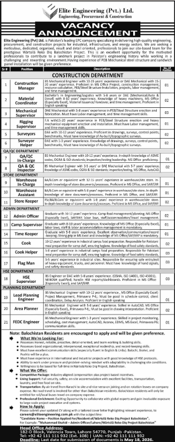 Elite Engineering Pvt Limited Lahore Jobs 2026