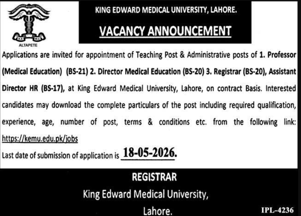 King Edward Medical University KEMU Lahore Jobs 2026