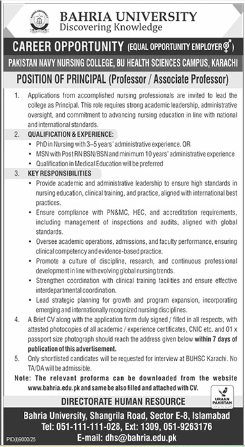Bahria University Islamabad Jobs 2026