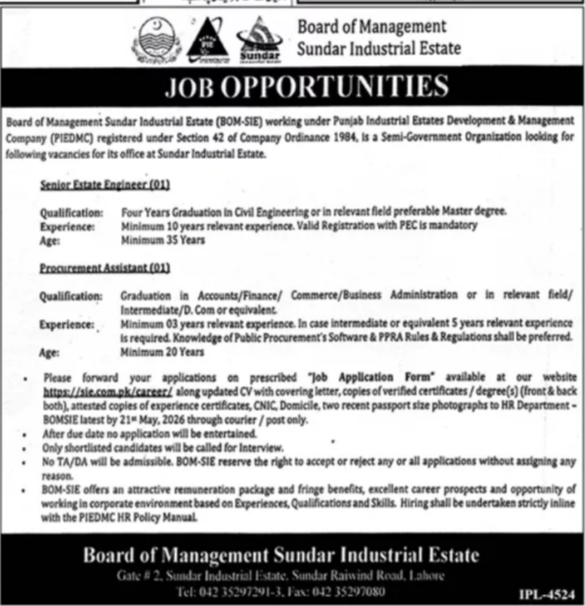 Board Of Management Sundar Industrial Estate BOM SIE Jobs 2026