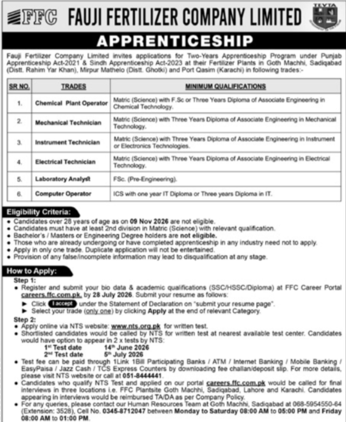 Fauji Fertilizer Company Limited Islamabad Apply Jobs 2026