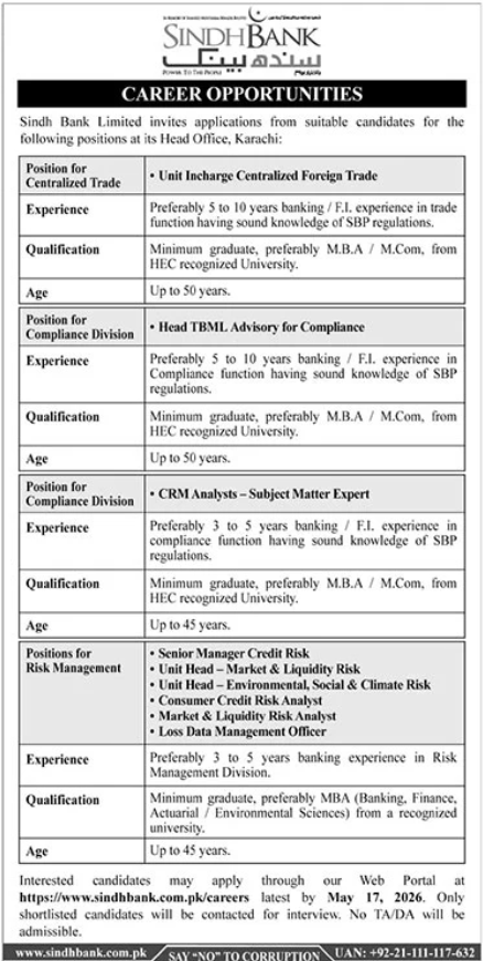Sindh Bank Limited Karachi Jobs 2026