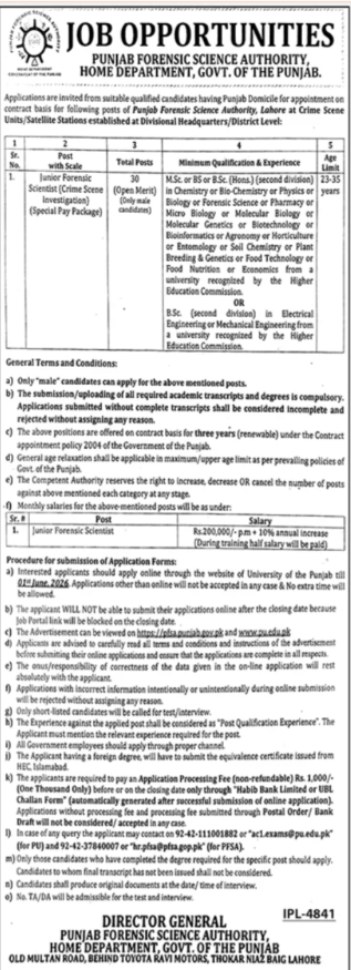 Punjab Forensic Science Authority PFSA Lahore Jobs 2026
