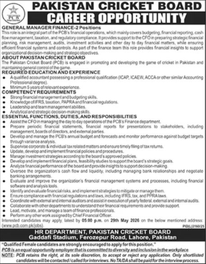 Pakistan Cricket Board PCB Lahore Jobs 2026