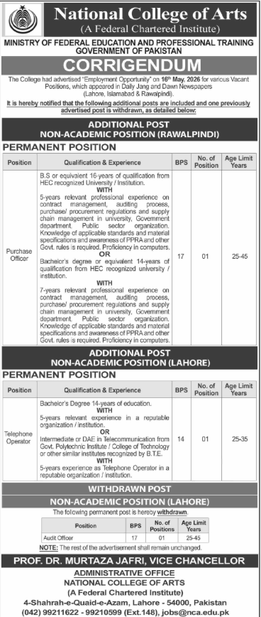 NCA National College Of Arts Jobs 2026