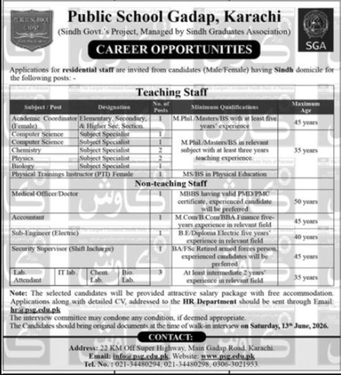 Public School Gadap Karachi Jobs 2026